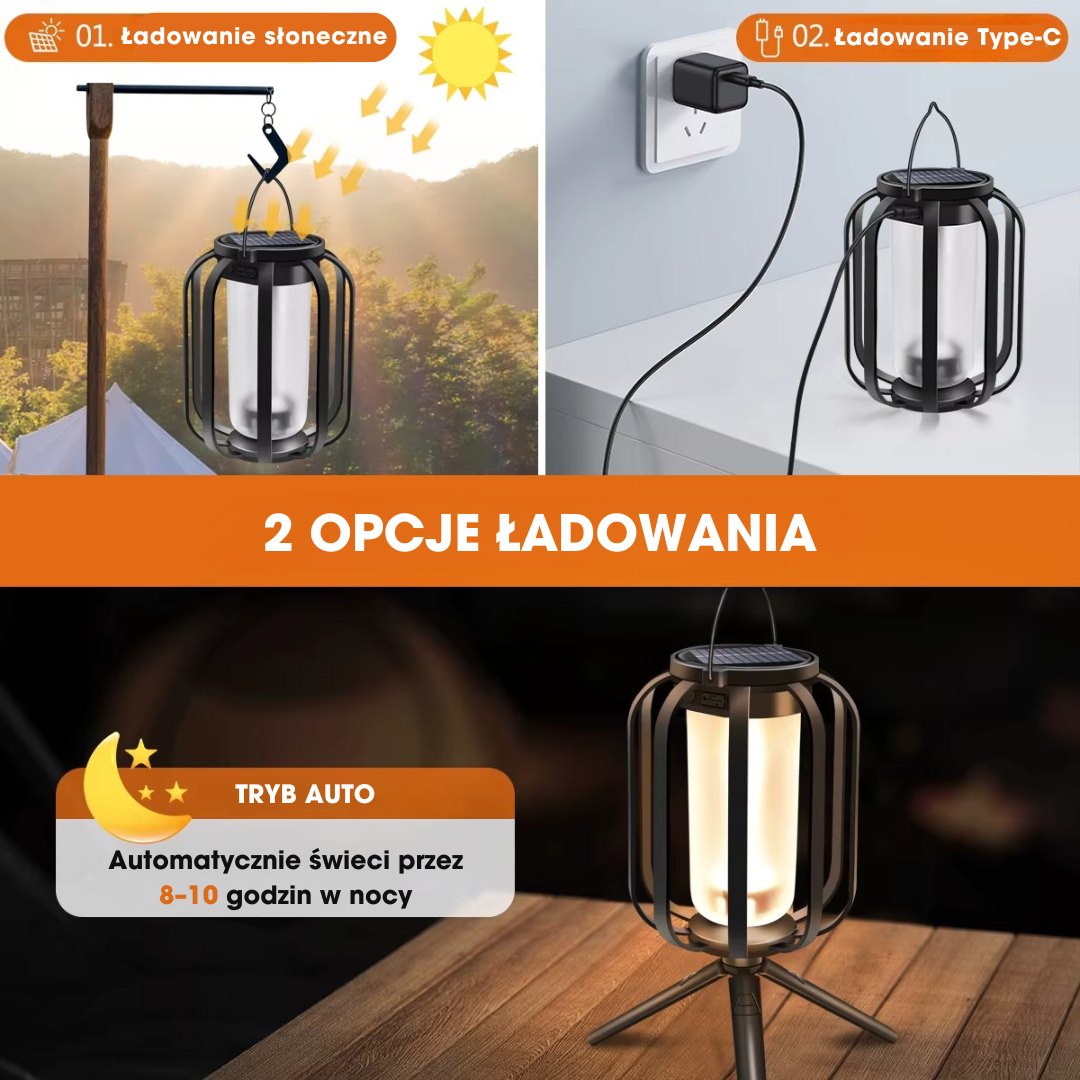 FlameGlow™ - Lampa z efektem płomienia – ładowana przez USB i energię słoneczną